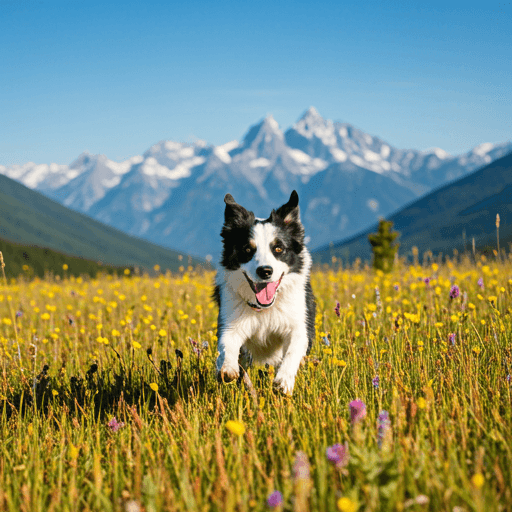 Border collie courant dans une prairie alpine avec les montagnes en arriere-plan
